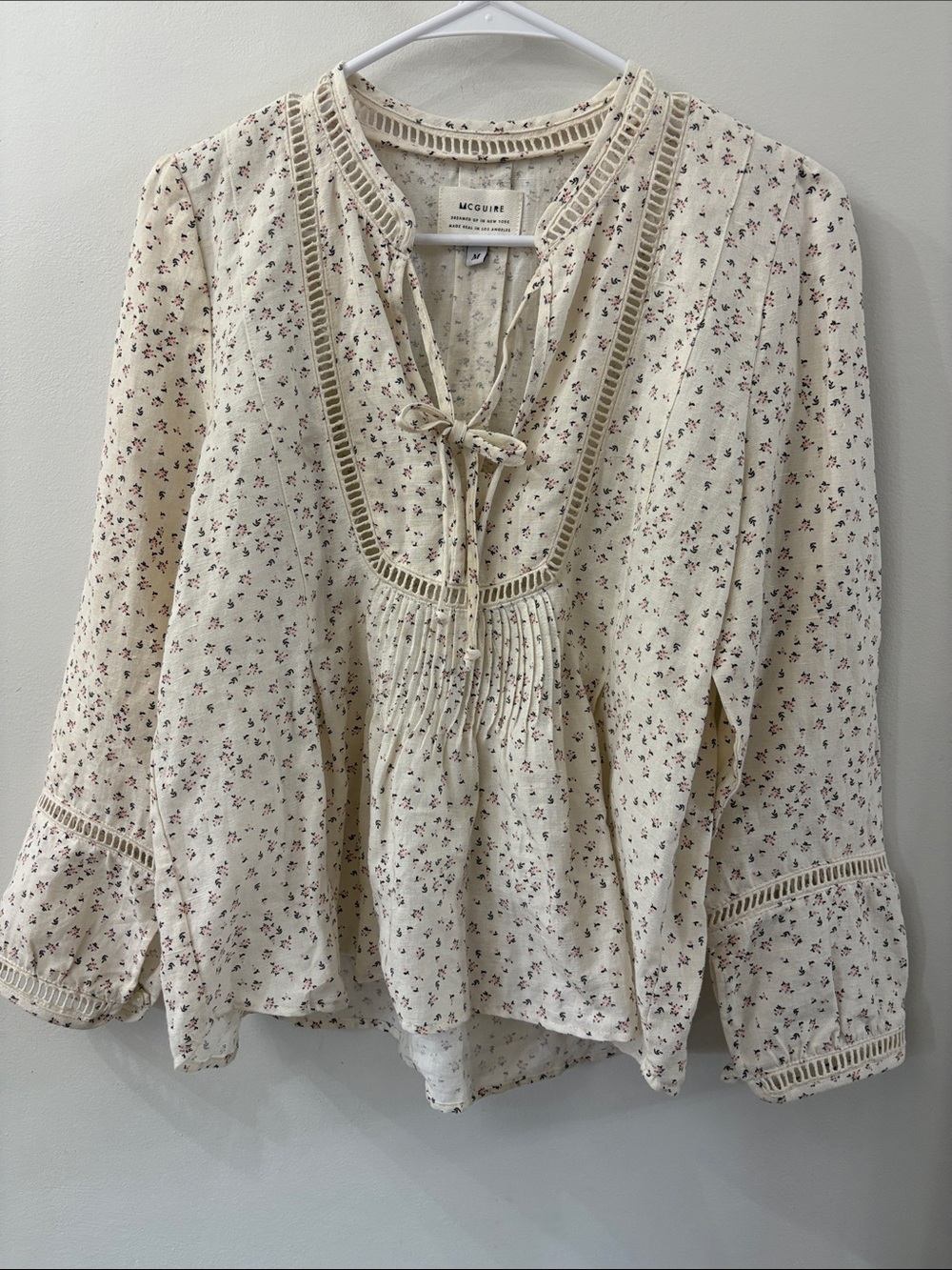 McGuire Cream Floral Tie-Neck Peasant Blouse - medium - cotton/linen blend